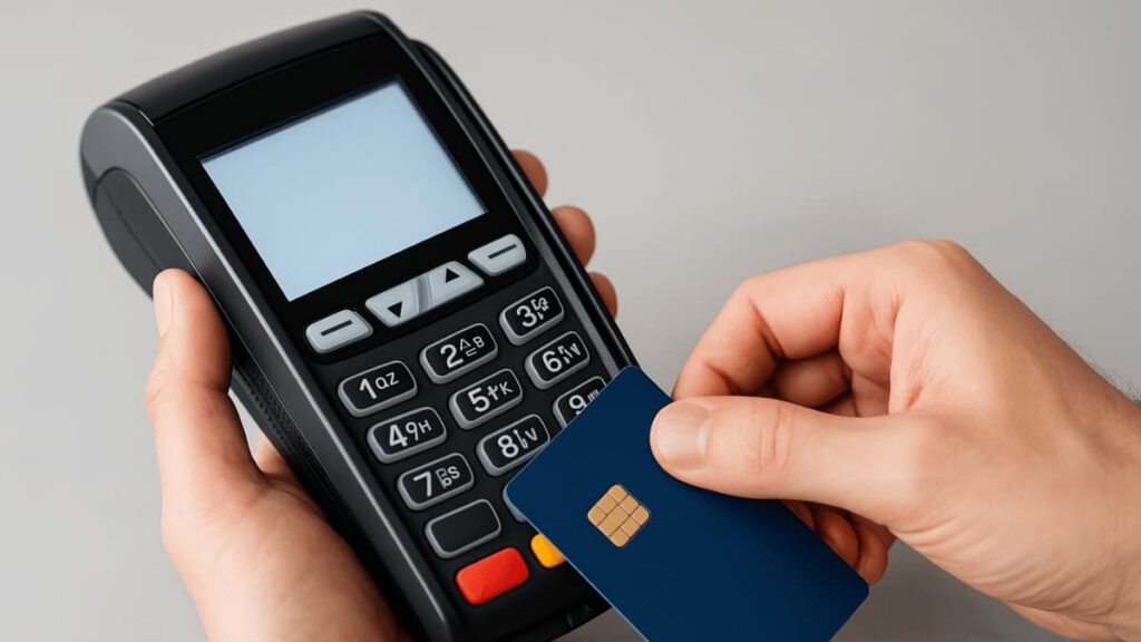 Hand van een klant die een blauwe bankkaart tegen een zwarte betaalterminal zonder merk houdt voor contactloze betaling.