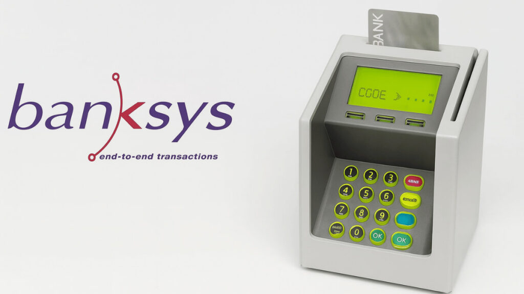 Foto van een grijze Banksys-betaalterminal met kaartlezer en numeriek toetsenbord, naast het paarse en rode Banksys-logo met de slogan “end-to-end transactions.